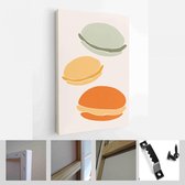 Collectie hedendaagse kunstposters in pastelkleuren. Abstracte geometrische elementen en lijnen, bladeren en fruit, bitterkoekjes, sinaasappels - Moderne kunst canvas - Verticaal -