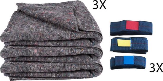 Stapel grijze verhuisdekens met gekleurde vezels, naast 3 opgerolde banden met gekleurde tags (rood, geel, blauw).