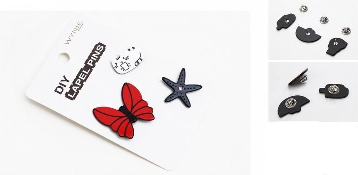 Wynie - Pin Badge - Rode Vlinder - Blauwe Zeester met strass steentje - Witte Poes - Kunststof - Op kaart