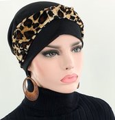 Set van chemo beanie zwarte chemomuts en hoofdband velvet luipaard print bruin zwart