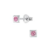 Joy|S - Zilveren vierkant oorbellen - 4 mm - roze kristal- kinderoorbellen