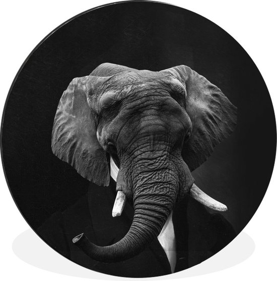 WallCircle - Wandcirkel - Muurcirkel - Schilderij - Afrikaanse olifant - Zwart - Wit - Aluminium - Dibond - ⌀ 60 cm - Binnen en Buiten