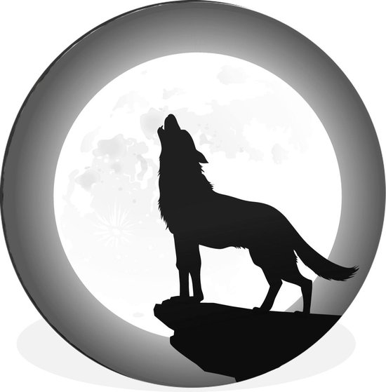 WallCircle - Wandcirkel - Muurcirkel - Een illustratie van een huilende wolf bij volle maan - zwart wit - Aluminium - Dibond - ⌀ 60 cm - Binnen en Buiten