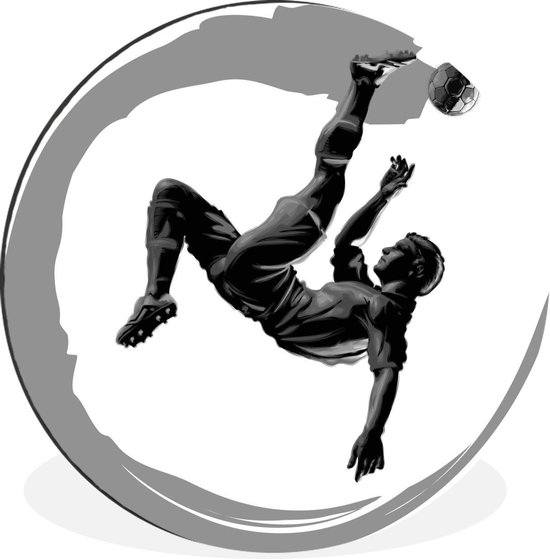 Cercle mural - Aluminium - un joueur de football qui fait un coup de pied à vélo - noir et blanc - ⌀ 30 cm