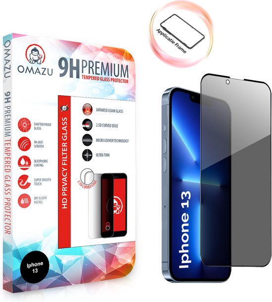 Protecteur d'écran en Tempered Glass trempé de confidentialité OMAZU 3D, Apple iPhone 13 / 13 Pro, 6,1 '' (plein écran) avec applicateur d'installation pratique