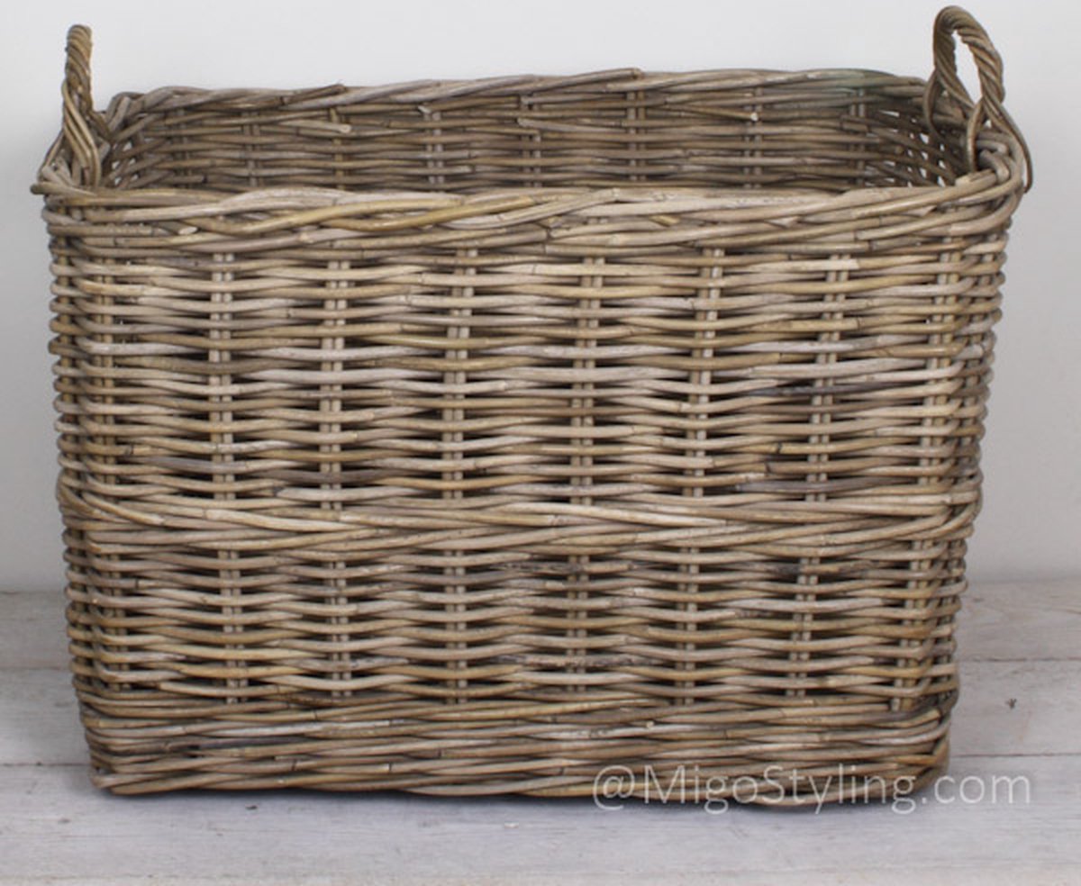 Panier en bois-Avec roulettes-Rectangle-Reed-Rotin-Bas en bois