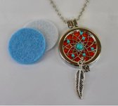 Aroma ketting met sjamanen veer - zilverkleurig - turquoise oranje - geurketting - 3 pads - lang model