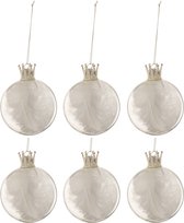 Doos Van 6 Kerstballen Kroon Pluim Wit Glas Klaar Small