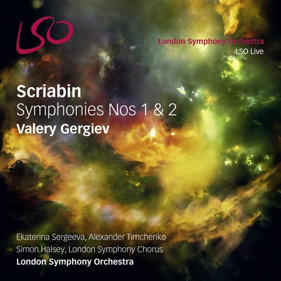 CD-hoes met abstracte, kleurrijke achtergrond van groen, oranje en bruin, met de titel 'Scriabin Symphonies Nos 1 & 2' en namen van artiesten.