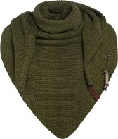 Knit Factory Coco Gebreide Omslagdoek - Driehoek Sjaal Dames - Dames sjaal - Wintersjaal - Stola - Wollen sjaal - Groen gemelêerde sjaal - Mosgroen/Khaki - 190x85 cm - Inclusief sierspeld