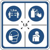 Houd afstand - Combinatie pictogram 20 cm - mondkapje verplicht - hoest in elleboog - houd afstand - handen desinfecteren - corona sticker - waarschuwingssticker - vloer laminaat-