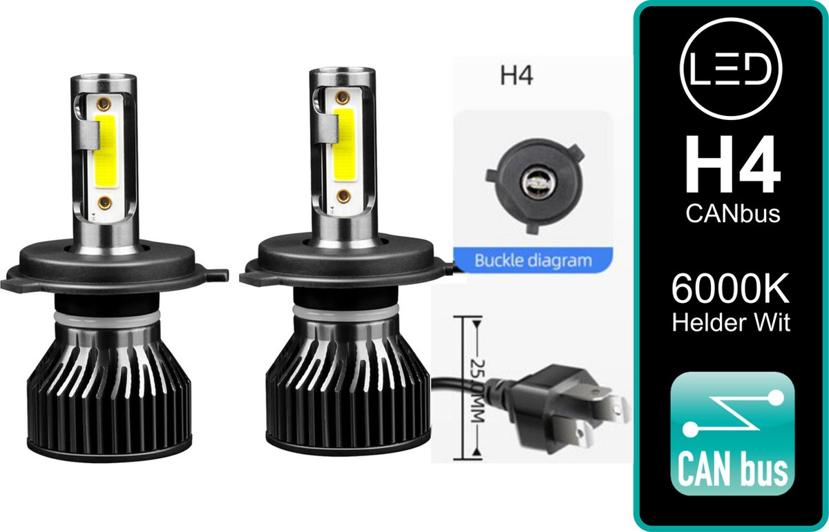 Set 2 Pieces) Ampoules LED H4 18000 Lumen Clear Wit incl CANbus EMC CHip  6000k... | bol.com