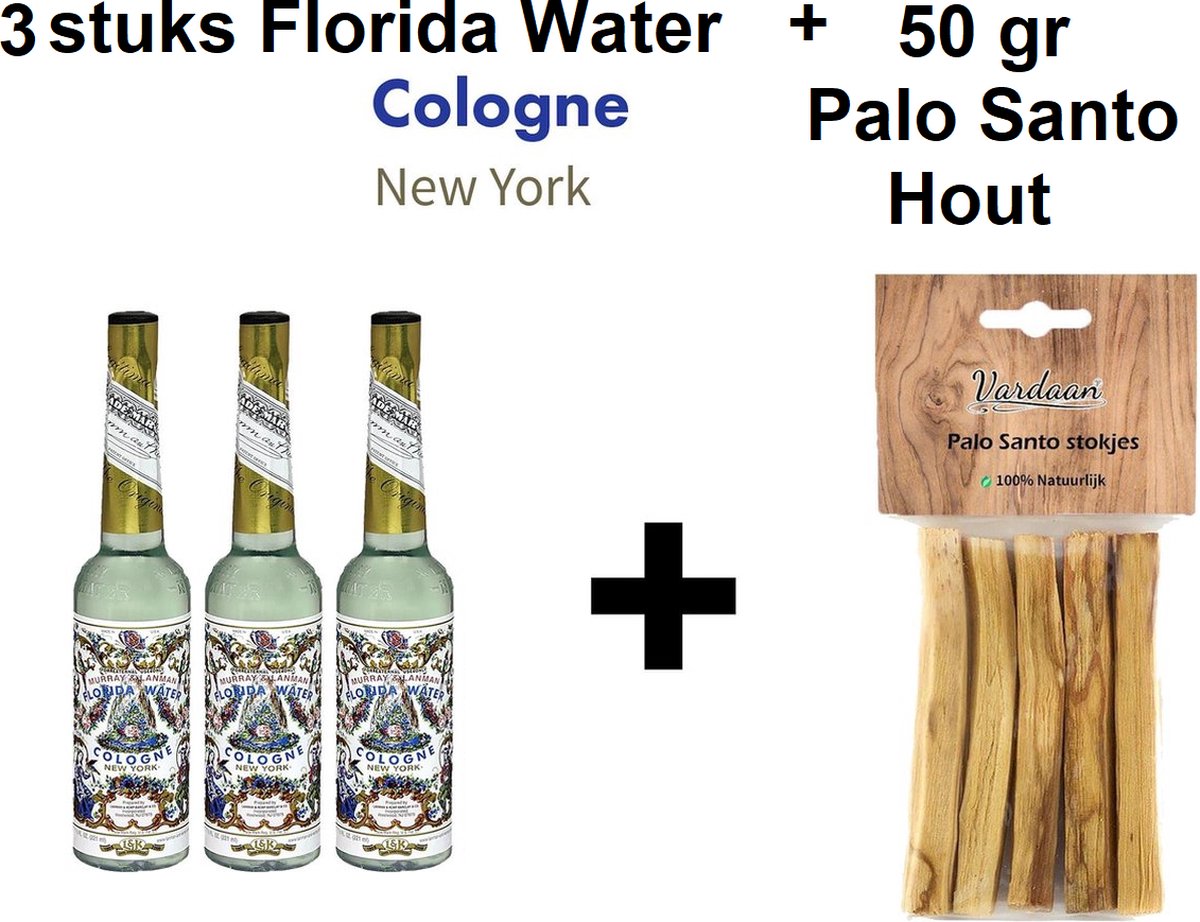 Florida Water - 3 stuks + 50 gram Vardaan Palo Santo Heilig Hout - 3 x 221 ml Murray & Lanman Florida Water & 50 gr Palo Santo Hout - Voor Meditatie / Yogasessie / Rituelen etc