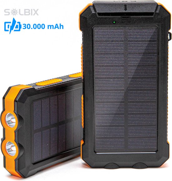 SOLBIX® Powerbank 30000mAh Charger - met Solar en Zaklamp - USB C - 4 USB...
