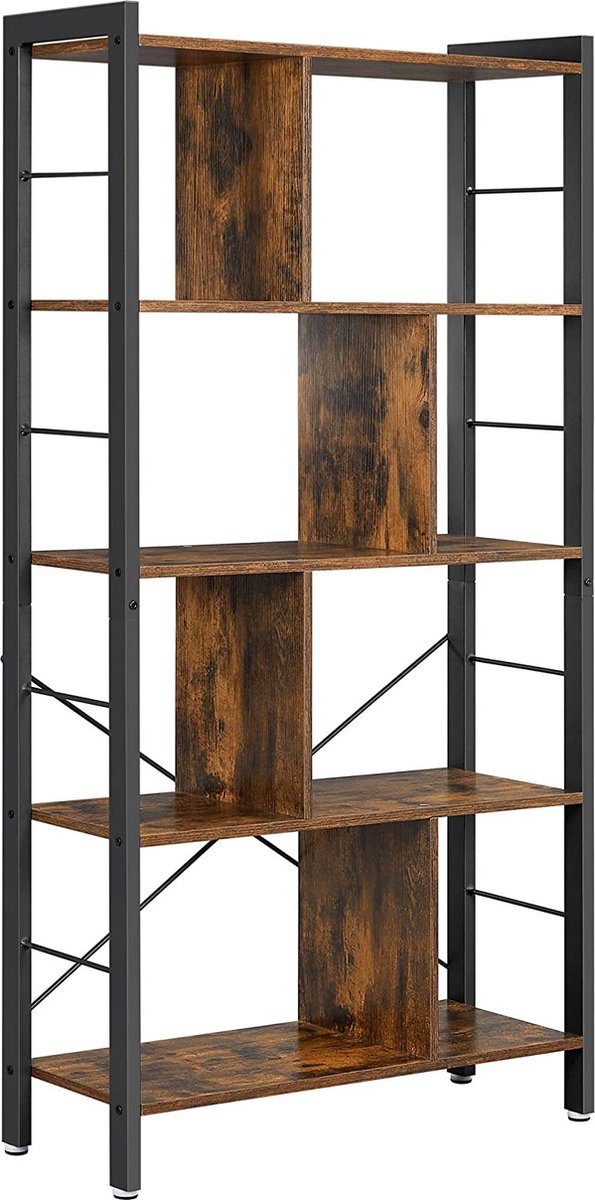 VASAGLE boekenkast, plank met 4 niveaus, vrijstaande plank, boekenkast, kantoorplank, industrieel ontwerp, voor woonkamer, kantoor, studeerkamer, groot, metalen frame, vintage bruin-zwart LBC12BX