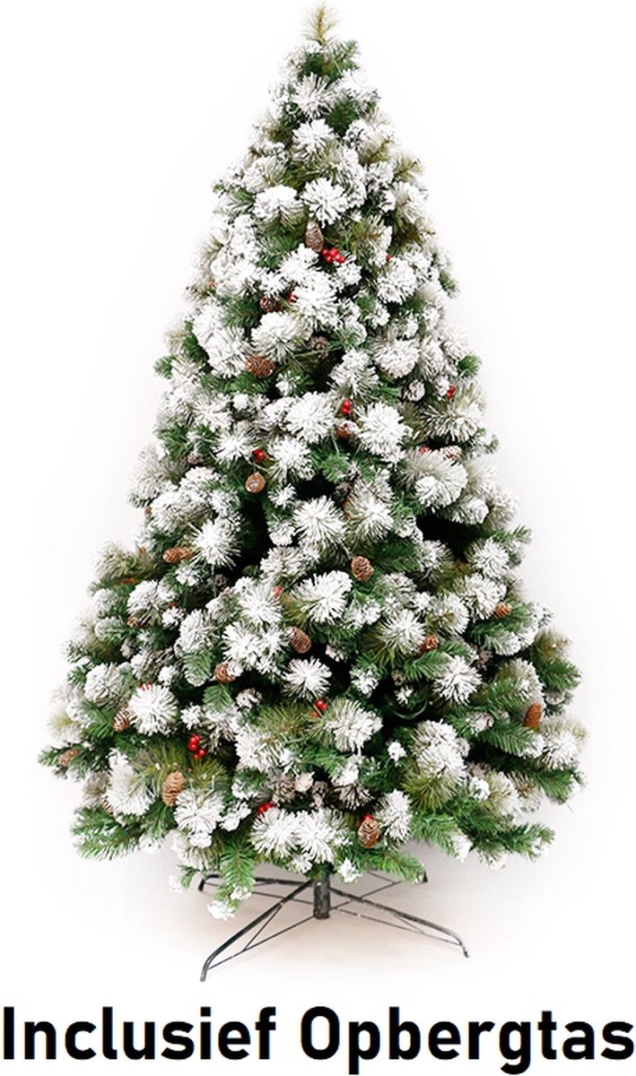 Premfy Deluxe Kunstkerstboom 180 cm - Met sneeuw en Echte Dennenappels - Mooi volle Kerstboom - 1200 PVC & PE Takken - Mooi Versierd - Decoratie - Inclusief luxe Opbergtas - Premium - 5 Jaar garantie