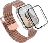 Bandje en Hoesje met Screenprotector geschikt voor Apple Watch 7 45 mm - iWatch 45mm Magnetic Loop Bandje Rose met Cover Glas