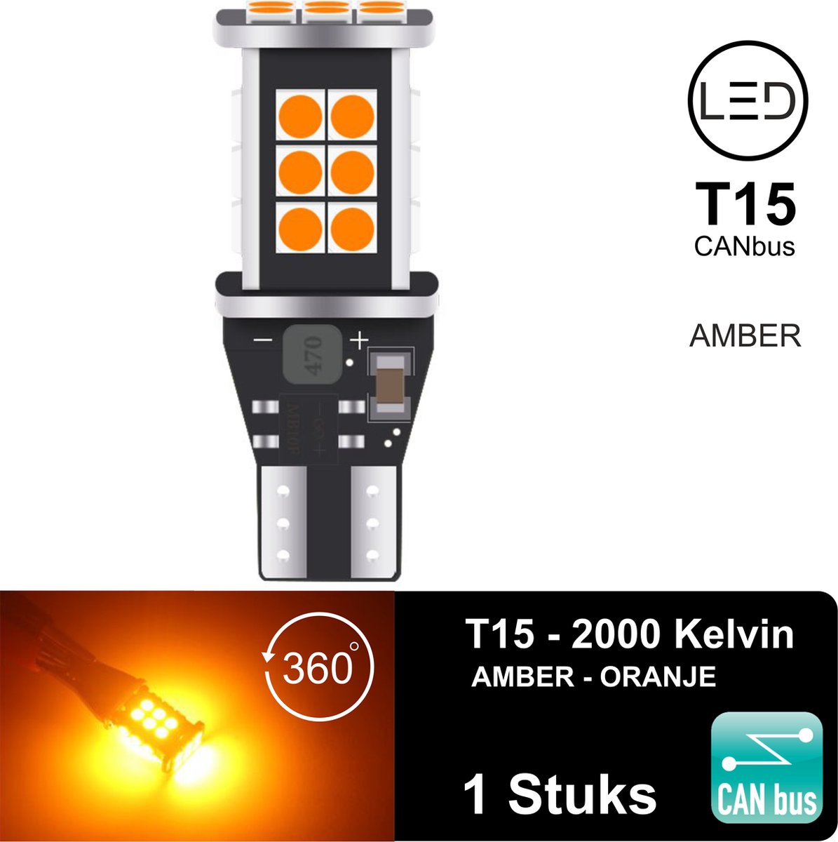 T15 W16W (1 stuks) LED Lampen AMBER - ORANJE - GEEL, 2300K, 360 Graden, Canbus