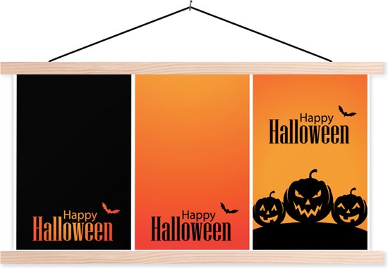 Posterhanger incl. Poster - Schoolplaat - Een illustratie van Halloween in drie delen - 150x75 cm - Blanke latten