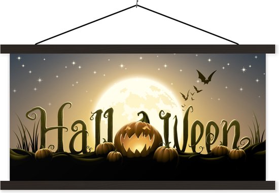 Porte-affiche avec affiche - Affiche scolaire - Les lettres d'Halloween illuminées par la pleine lune dans une illustration - 90x45 cm - Lattes noires