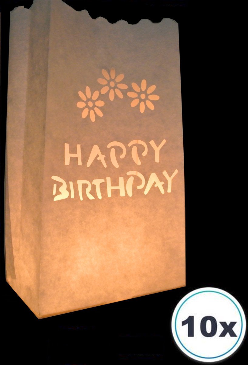 Volanterna 10 x Candle bag Happy Birthday, windlicht, papieren kaars houder, lichtzak, candlebag, candlebags, lampion, sfeerlicht, bedrukt, logo, foto. No83 wit