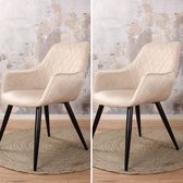 DS4U® eetkamerstoel Ravi - vintage - armstoel - stoel - velvet - velours - fluweel - ivoor - zwart metaal - met armleuning - set van 2