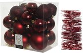 Kerstversiering kunststof kerstballen 6-8-10 cm met folieslingers pakket donkerrood van 28x stuks - Kerstboomversiering