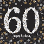 32x stuks 60 jaar verjaardag feest servetten zwart met confetti print 33 x 33 cm - Wegwerp servetjes