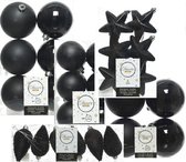 Kerstversiering kunststof kerstballen zwart 6-8-10 cm pakket van 62x stuks - Kerstboomversiering