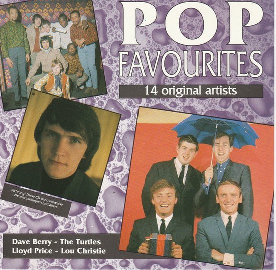 Albumcover met de titel 'POP FAVOURITES' en 14 originele artiesten. Vier foto's van artiesten uit de jaren '60.