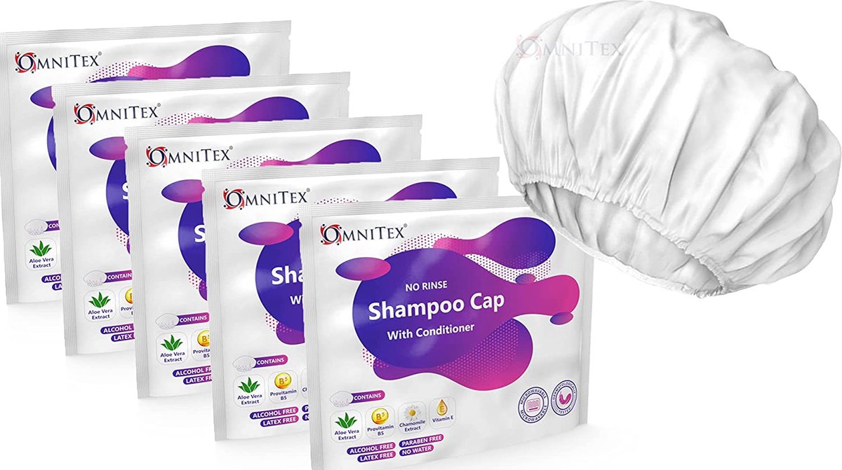 5pak - Omnitex Premium Watervrije Shampoo Cap - Verwarmbaar | met Conditioner & Vitaminen | Voedend en beschermend met kruidenextracten en barrièrecrème | Geen water, geen parabenen, latexvrij, alcoholvrij