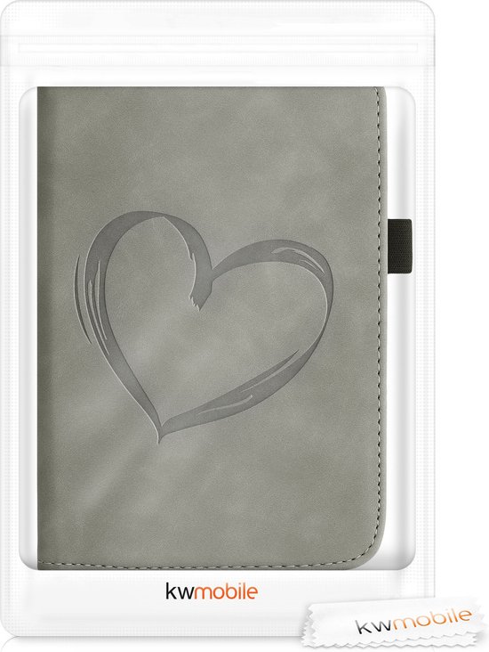 kwmobile e-reader hoesje geschikt voor Pocketbook Touch Lux 4/5/Touch HD 3/Color (2020)/ Vivlio Lux 5 hoes - E reader flip case van kunstleer - Ereader cover met stand - Brushed Hart design in grijs van kwmobile — afbeelding 3