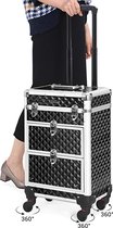 Cosmetic Case Trolley, professionele make-up case, kapperskoffer met 4 uitneembare universele wielen, make-up case, top met 3 uittrekbare compartimenten, laden, voor op reis, zwart