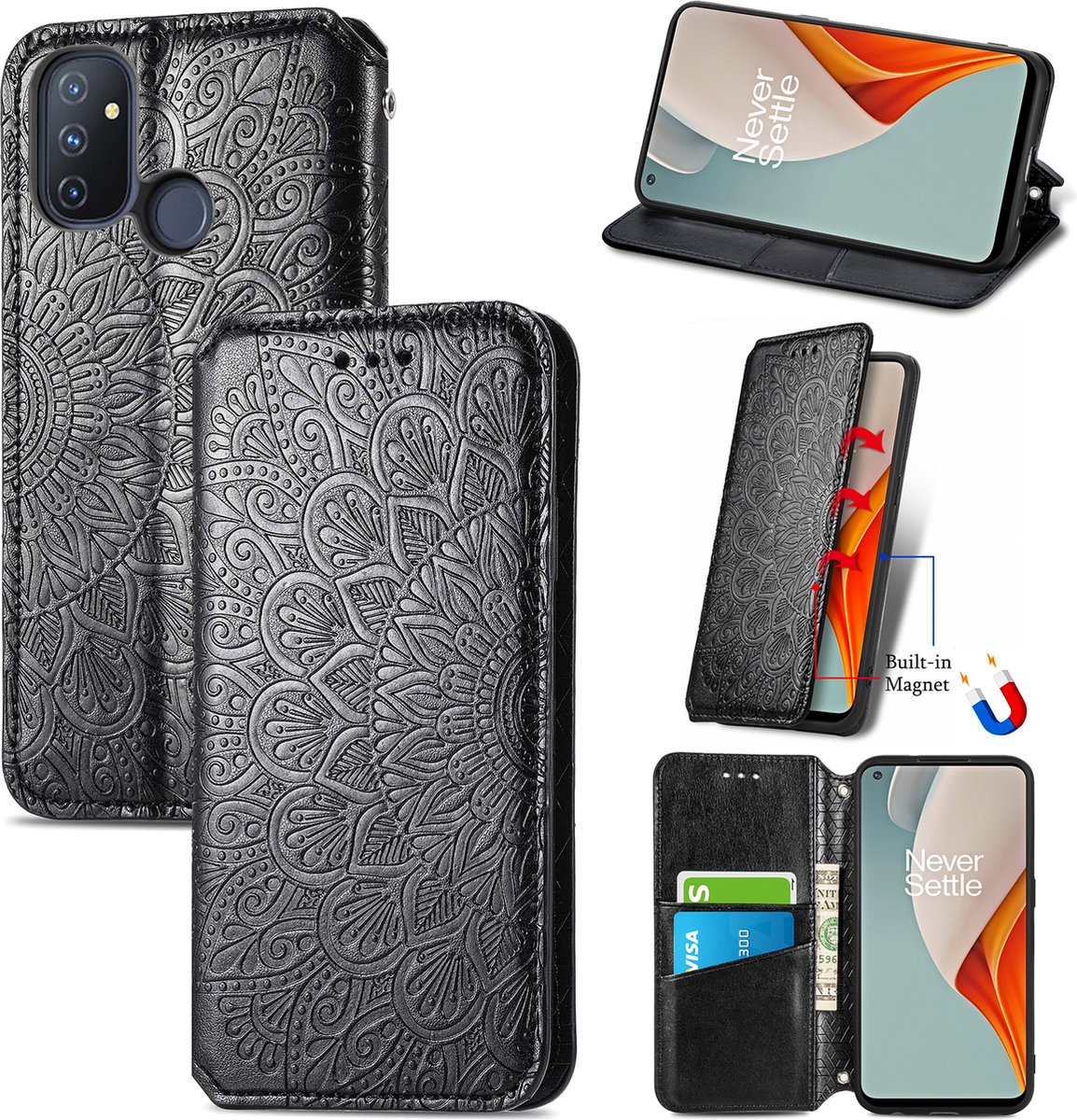 Luxe PU Lederen Blooming Mandala Reliëfpatroon Wallet Case + Glas Screenprotector voor OnePlus Nord N100 _ Zwart