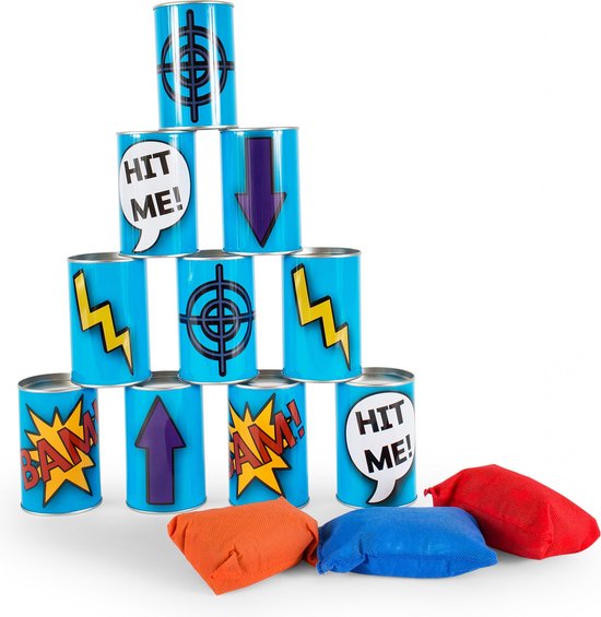 BS Toys Blikgooien Werpspel - Pittenzak Gooien - Kinderspeelgoed vanaf 3 Jaar - Buitenspeelgoed - 10 Blikken - Blauw - Spelletjes voor kinderen - Buiten speelgoed - Buitenspel - Buiten Spellen - Tuin Speelgoed - Cadeau kind