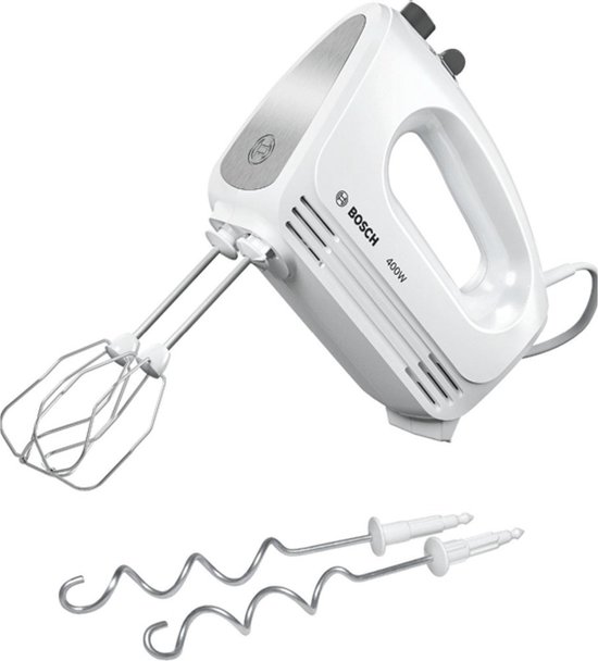Witte Bosch handmixer met 400W, met gardes en deegkneders.