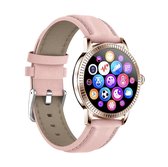 Smartwatch Rankos CF18 PRO- Goud met roze lederen band - stappenteller- Met Meldingen- Calorieënmeter-Smartwatch Dames - voor iOS & Android- Sporthorloge-IP67 Waterbestendig-1.08 I