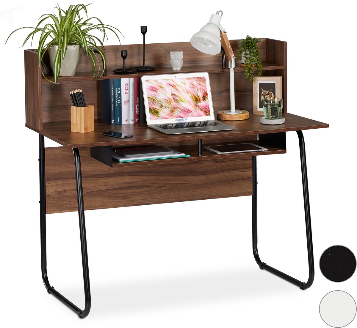 computertafel met opbergruimte - kabeldoorvoer - 109x120x60 cm - computerbureau modern - bruin-zwart