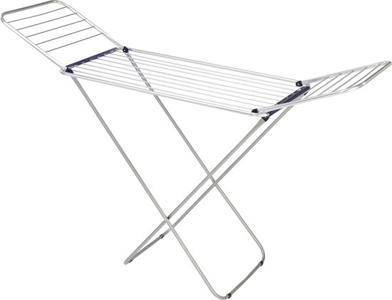 Zilverkleurig droogrek met blauwe accenten, in uitklapbare A-vorm.