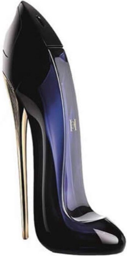 Flacon de parfum noir en forme d'escarpin avec talon doré et une teinte violacée.