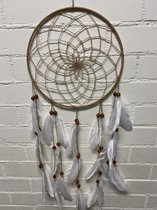 Dromenvanger met veren - beige + wit - Dreamcatcher with feathers- Dia 33 cm x lengte 88 cm