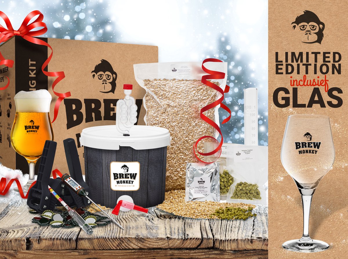Brew Monkey Compleet Tripel Cadeaupakket - Bierbrouwpakket - Inclusief Glas - Zelf Bier Brouwen - Origineel Cadeau Voor Hem - Cadeau - Kerstpakket - Kerstpakketten - Kerstcadeau