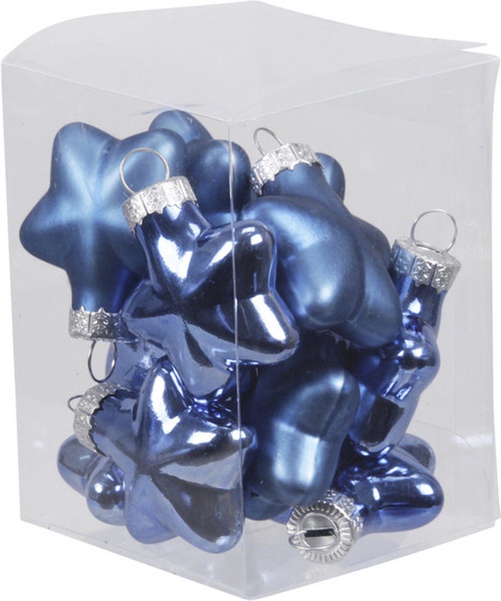 Kerstornamenten sterren in blauw glas, set van 12 stuks, 4 cm groot, van Othmar Decorations - Kerstversiering.