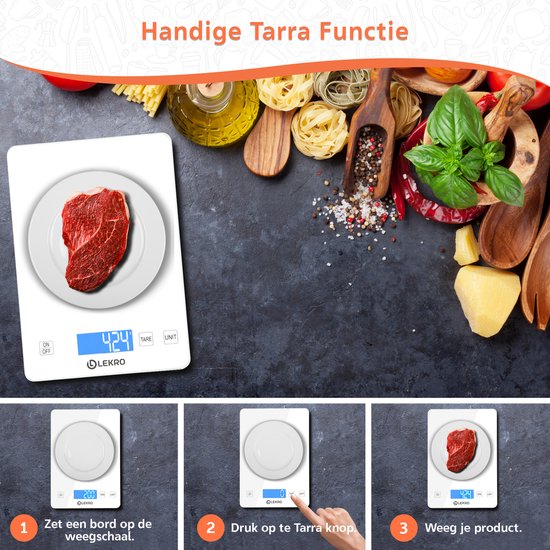 Lekro Digitale Precisie Keukenweegschaal – Weegschaal Keuken - 1gr tot 15kg – Tarra Functie - Wit - Lekro