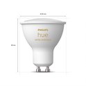Witte Philips Hue GU10 lamp met tekst 'white ambiance' en afmetingen.
