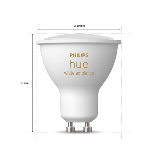 Witte Philips Hue GU10 lamp met tekst 'white ambiance' en afmetingen.