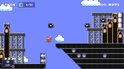 Een gele kat Mario loopt over een platform met grote mechanische bollen in de lucht.