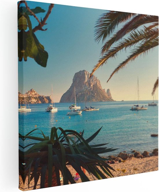 Artaza Canvas Schilderij Ibiza Cala d'Hort Strand  - 60x60 - Foto Op Canvas - Canvas Print
