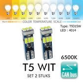 2x T5 9 LED CANBus Led Lamp 2-Pack | 4014  Helder Wit | T9L315W |  6000k | 6500k | 315 Lumen | 12V | 9 SMD | Verlichting | W3W W1.2W Led Auto-interieur Verlichting Dashboard Warmin