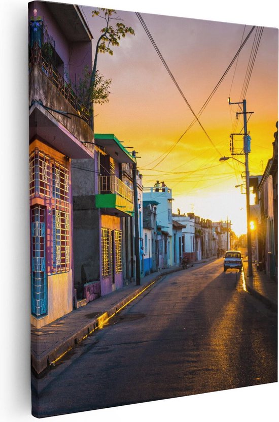 Artaza - Canvas Schilderij - Cuba Kleurrijke Huisjes bij Zonsondergang - 40x50 - Foto Op Canvas - Canvas Print